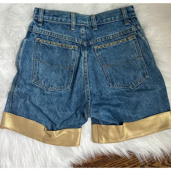 VTG 90s Y2K Cache Gold Tag Denim and Gold Leather Trim Studded Shorts Size 4 - Picture 2 of 6